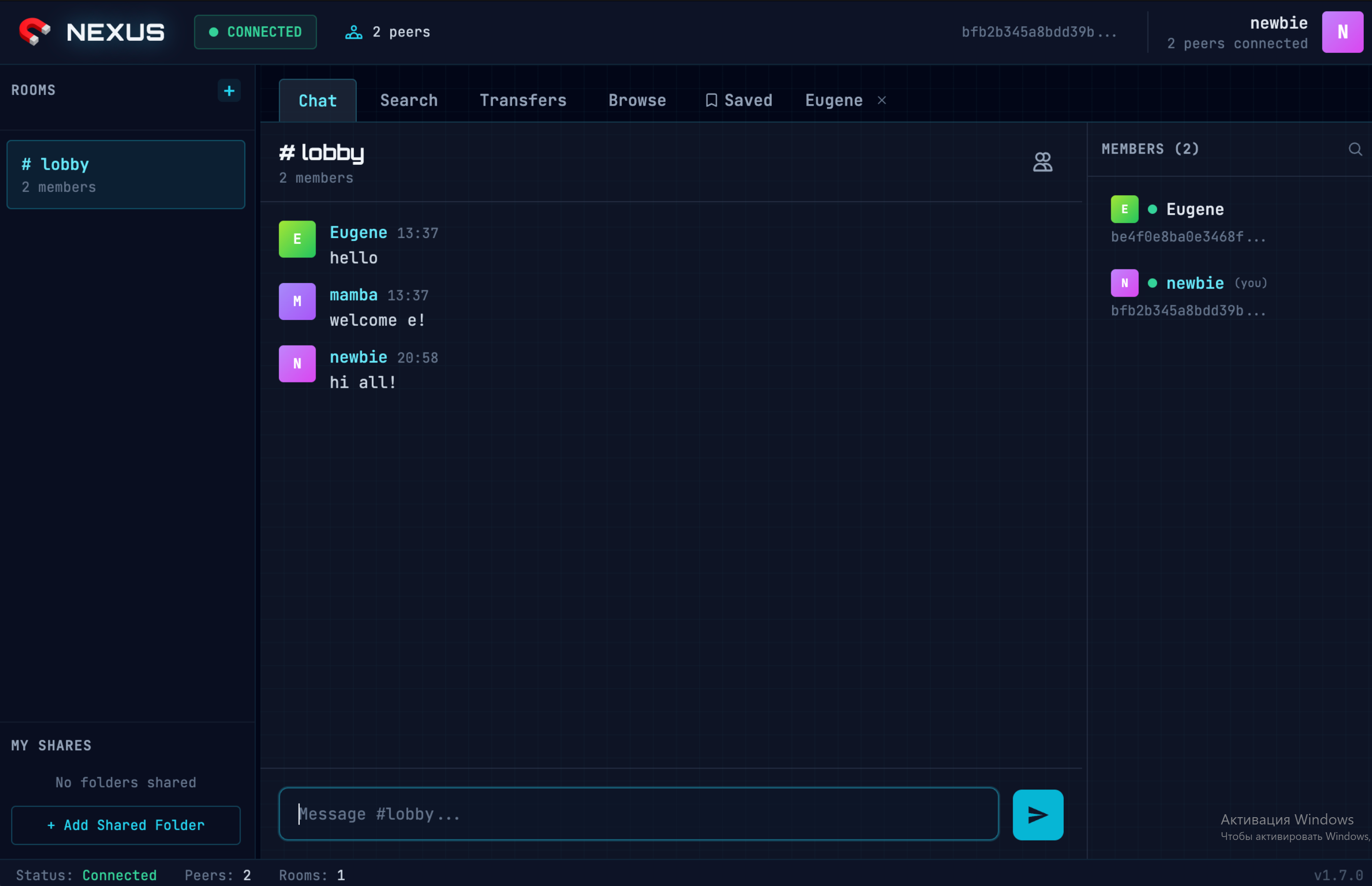Nexus app — peer-to-peer chat with rooms, members and file sharing